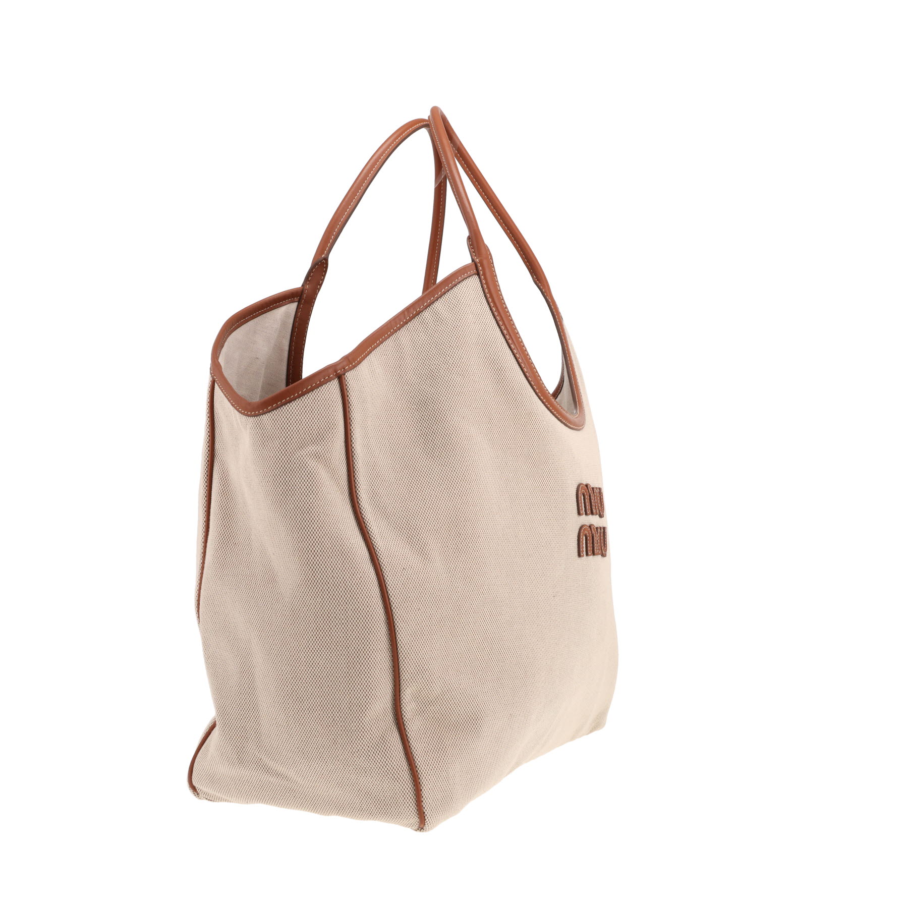 Bolso tipo cabas Miu Miu «Ivy» grande, de lona beige y piel marrón