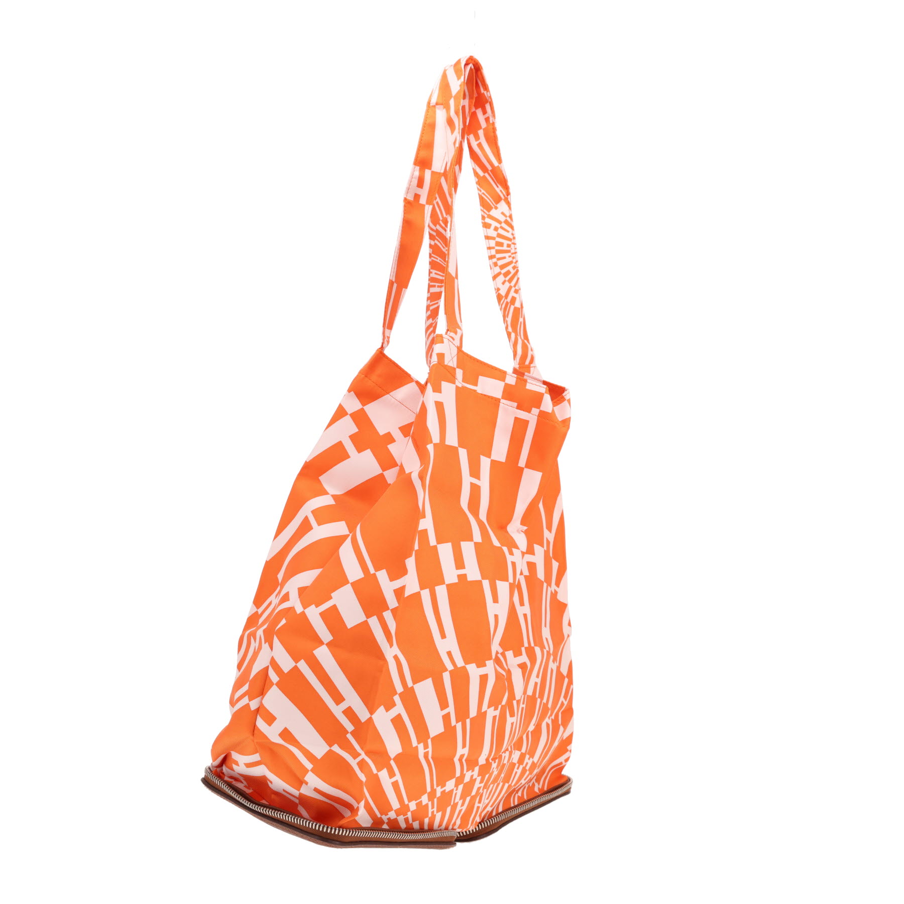 Borsa shopping Hermès Silky Pop - Shop Bag in twill di seta arancione e pelle marrone