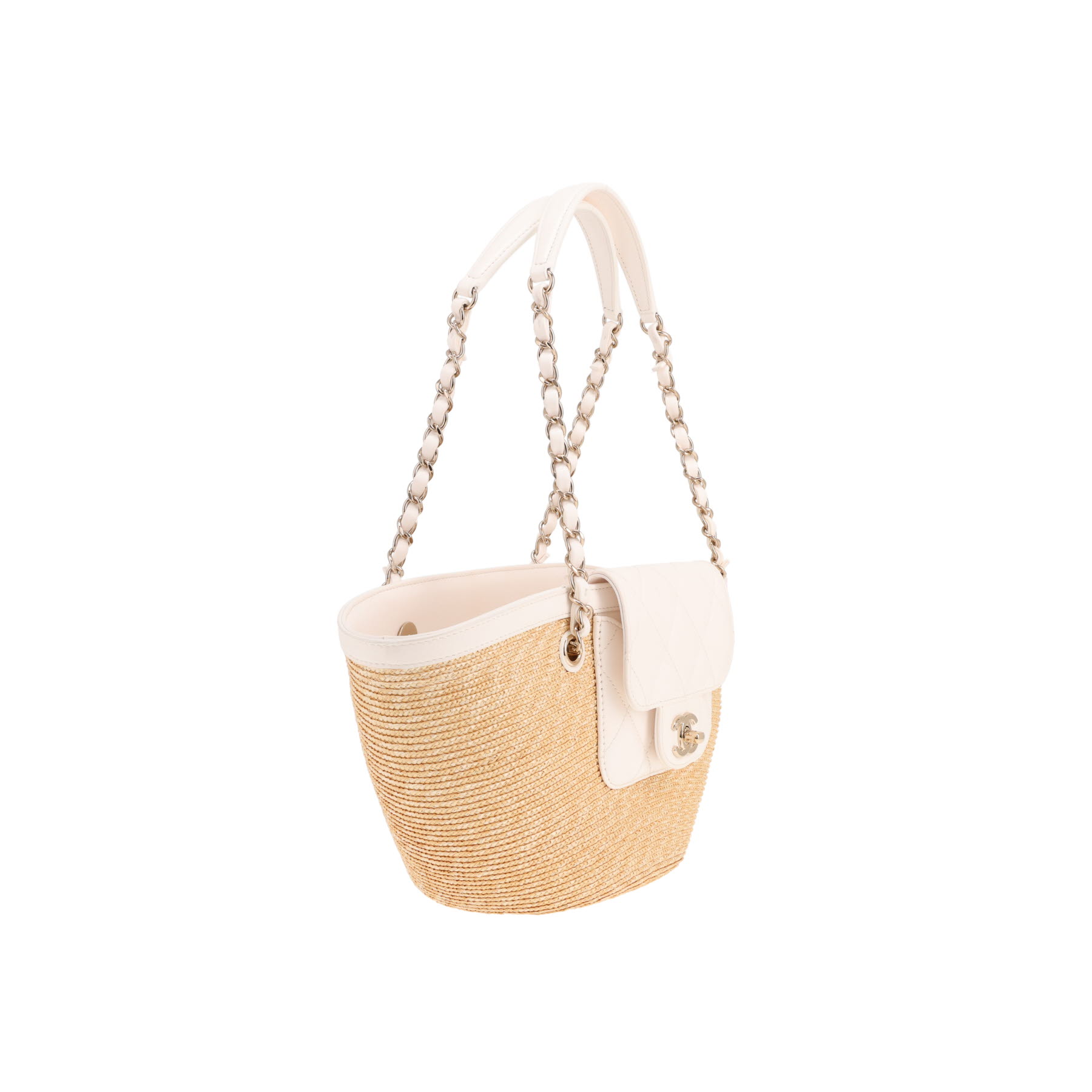 Chanel tote bag – small size – in raffia and white leather