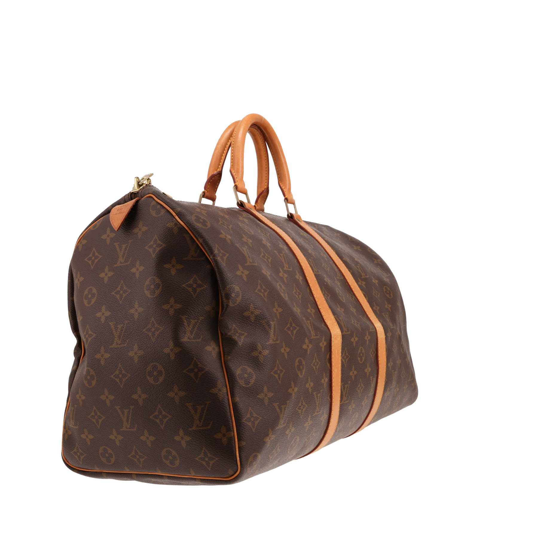 Borsa da viaggio Louis Vuitton Keepall 50 in tela Monogram marrone e pelle naturale
