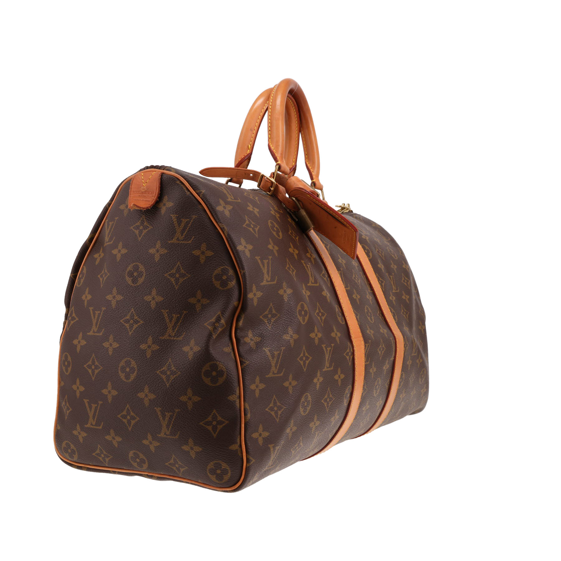 Borsa da viaggio Louis Vuitton Keepall 45 in tela Monogram marrone e pelle naturale