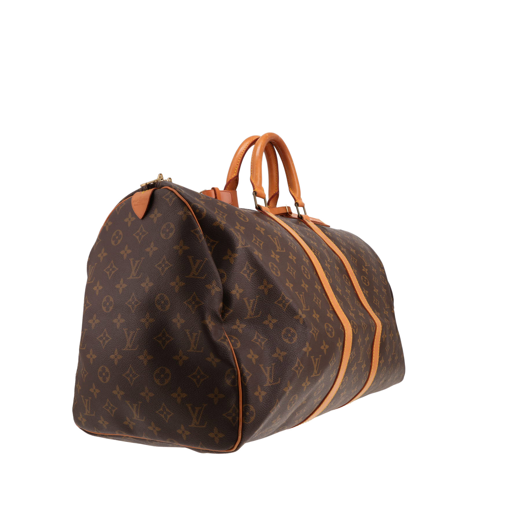 Borsa da viaggio Louis Vuitton Keepall 55 in tela Monogram marrone e pelle naturale