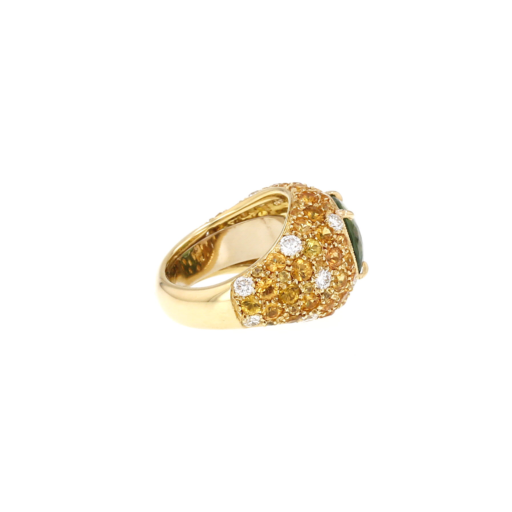Anillo vintage de oro amarillo, turmalina, zafiros amarillos y diamantes