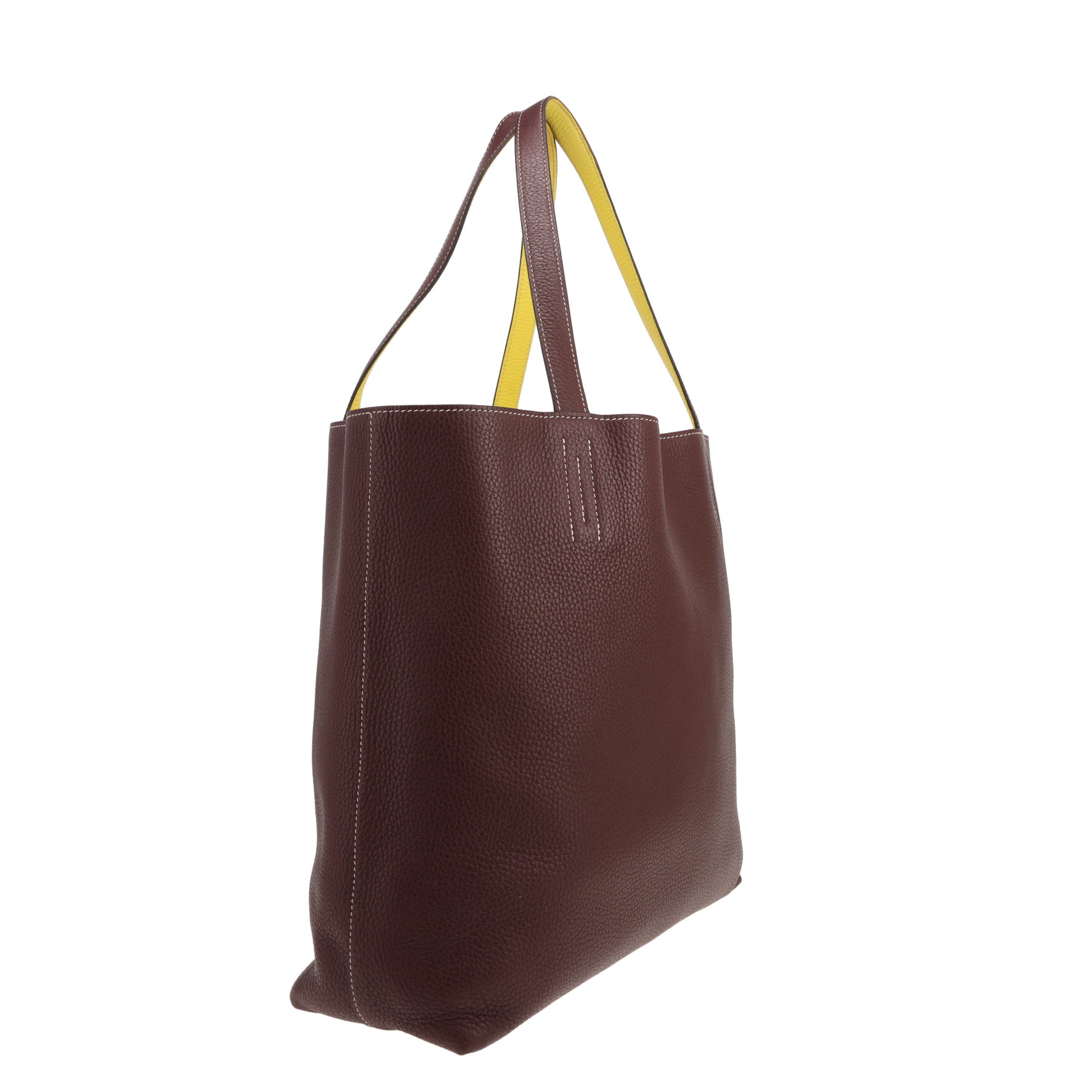 Hermès Double Sens tote bag in Cacao brown and Lime yellow Clemence calfskin