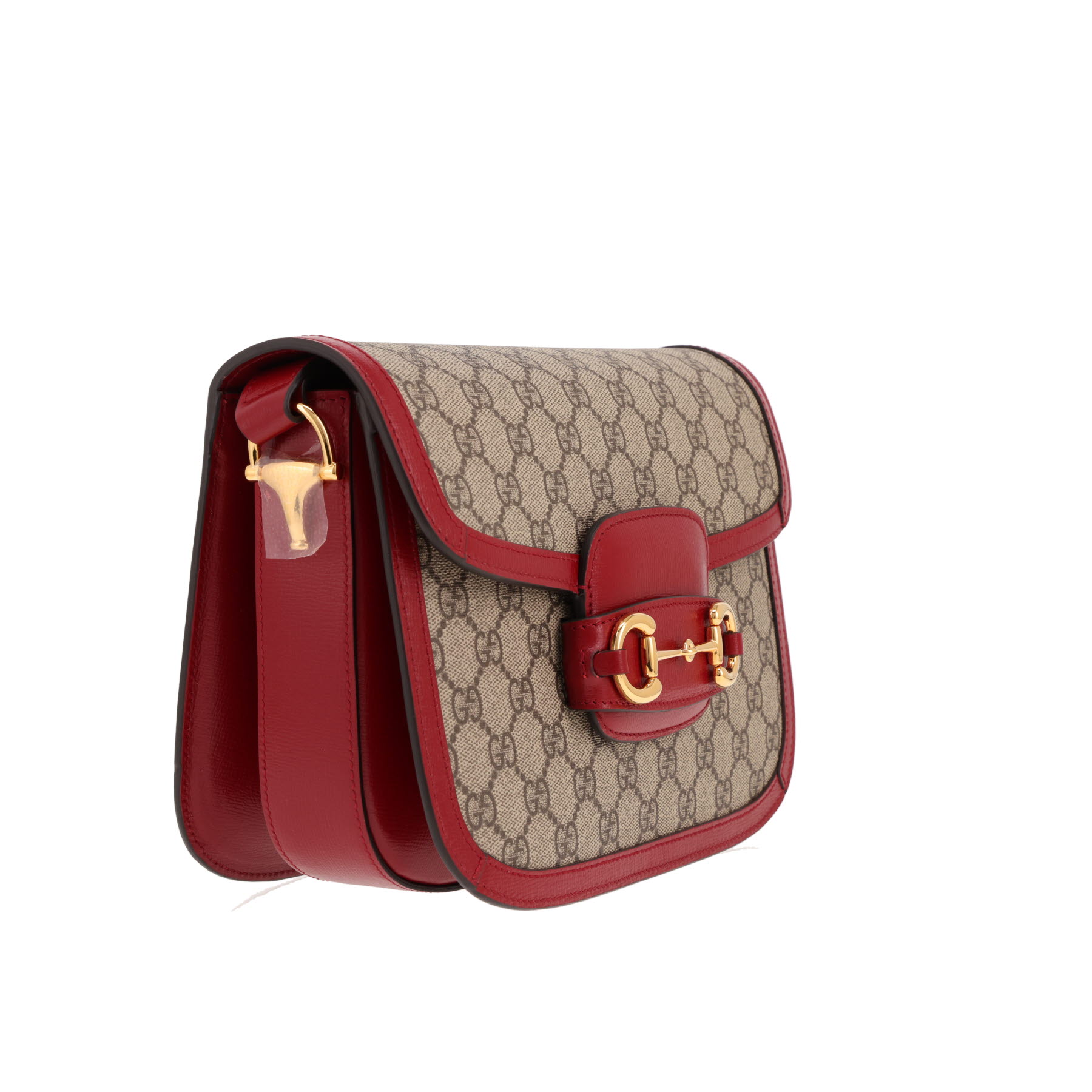 Gucci 1955 Horsebit shoulder bag in beige GG Supreme canvas and red leather