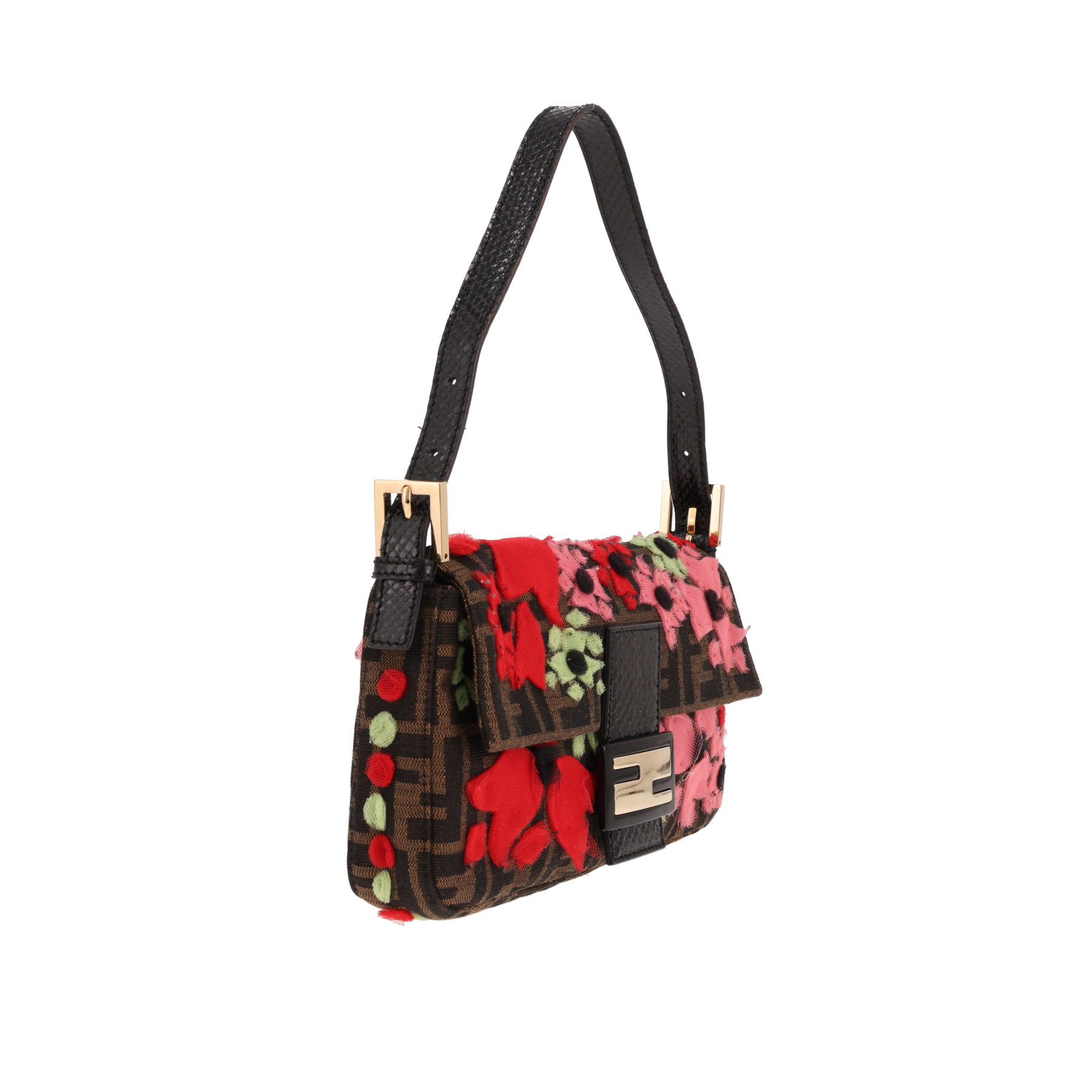 Bolso de mano Fendi «Baguette» de lona con el logotipo en marrón y piel de pitón marrón