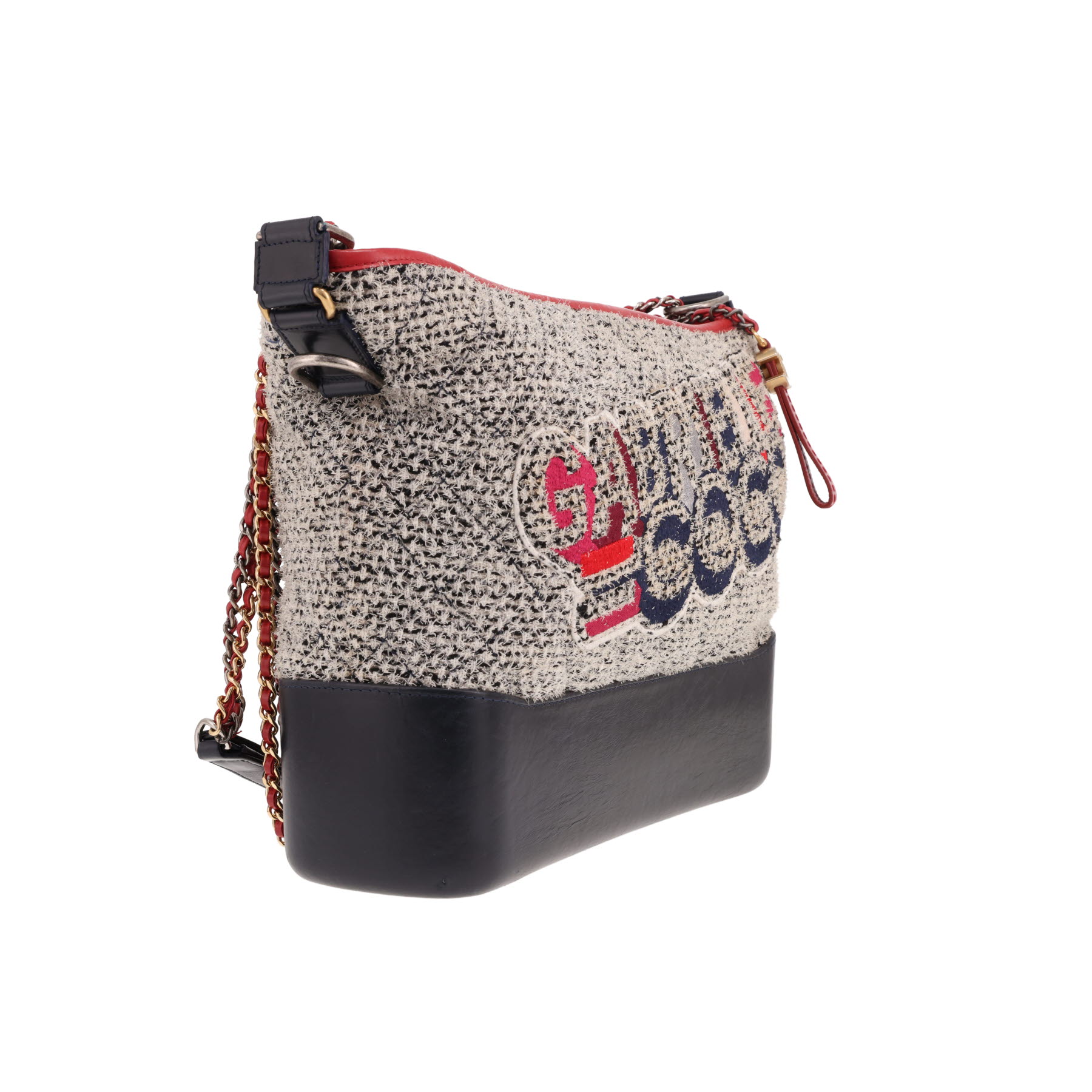 Borsa a tracolla Chanel  Gabrielle  in pelle rossa e blu e tweed grigio
