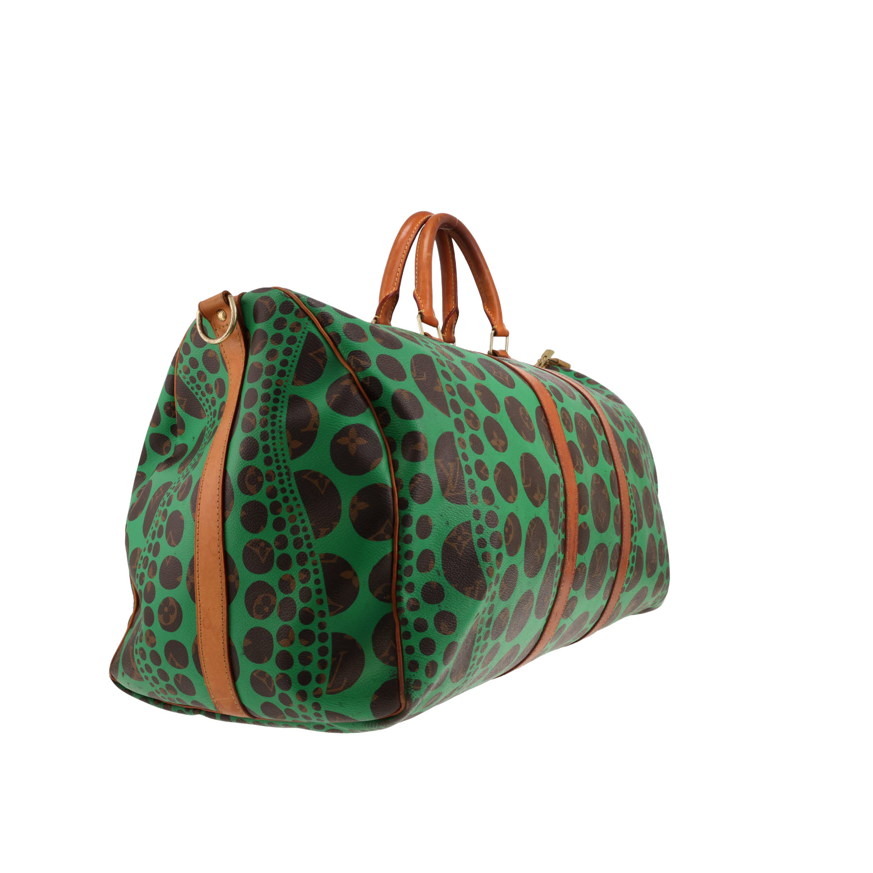 Borsa da viaggio Louis Vuitton Keepall 55 in tela Monogram marrone e verde e pelle naturale