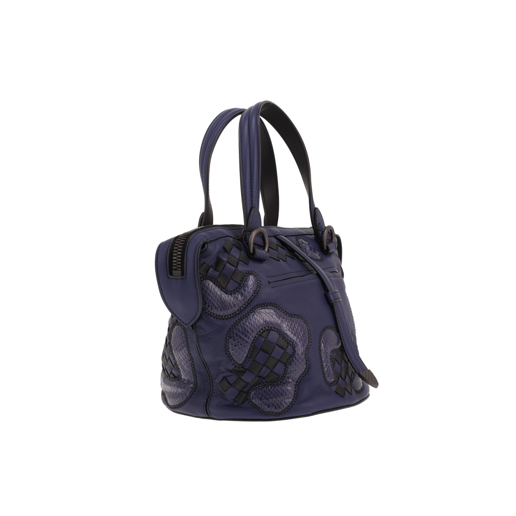 Sac à main Bottega Veneta  Tambura en cuir tressé bleu et noir et python bleu