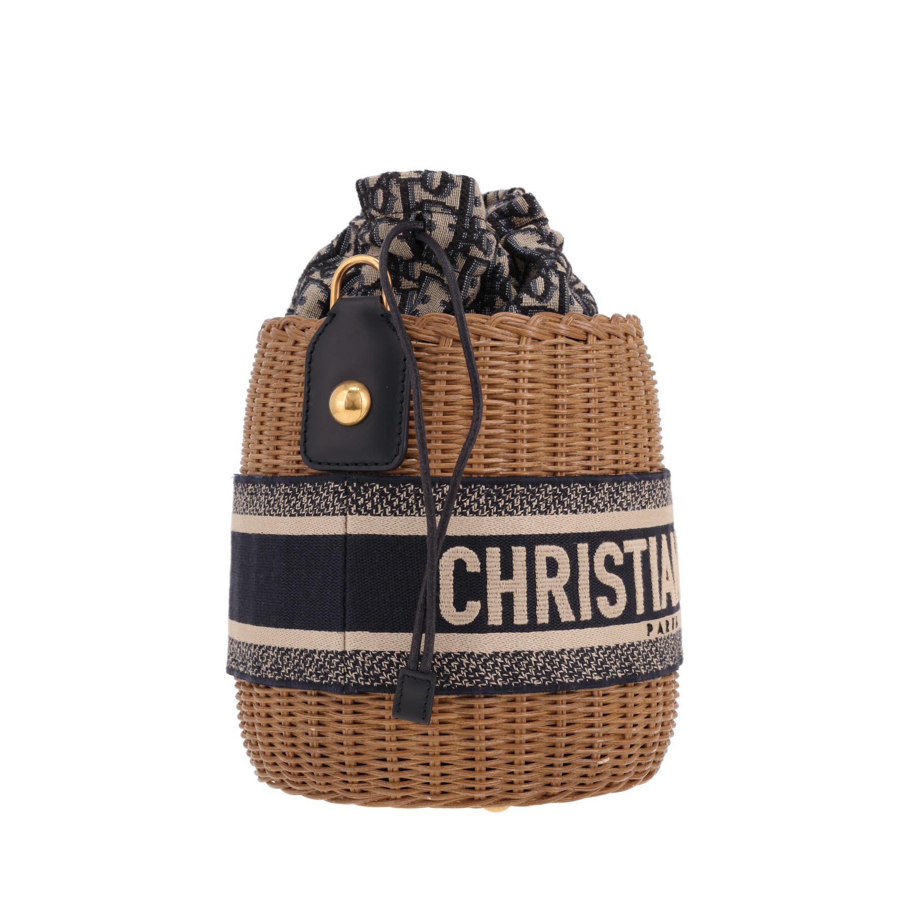 Sac à main Dior  Bucket en osier beige et toile et cuir bleu-marine