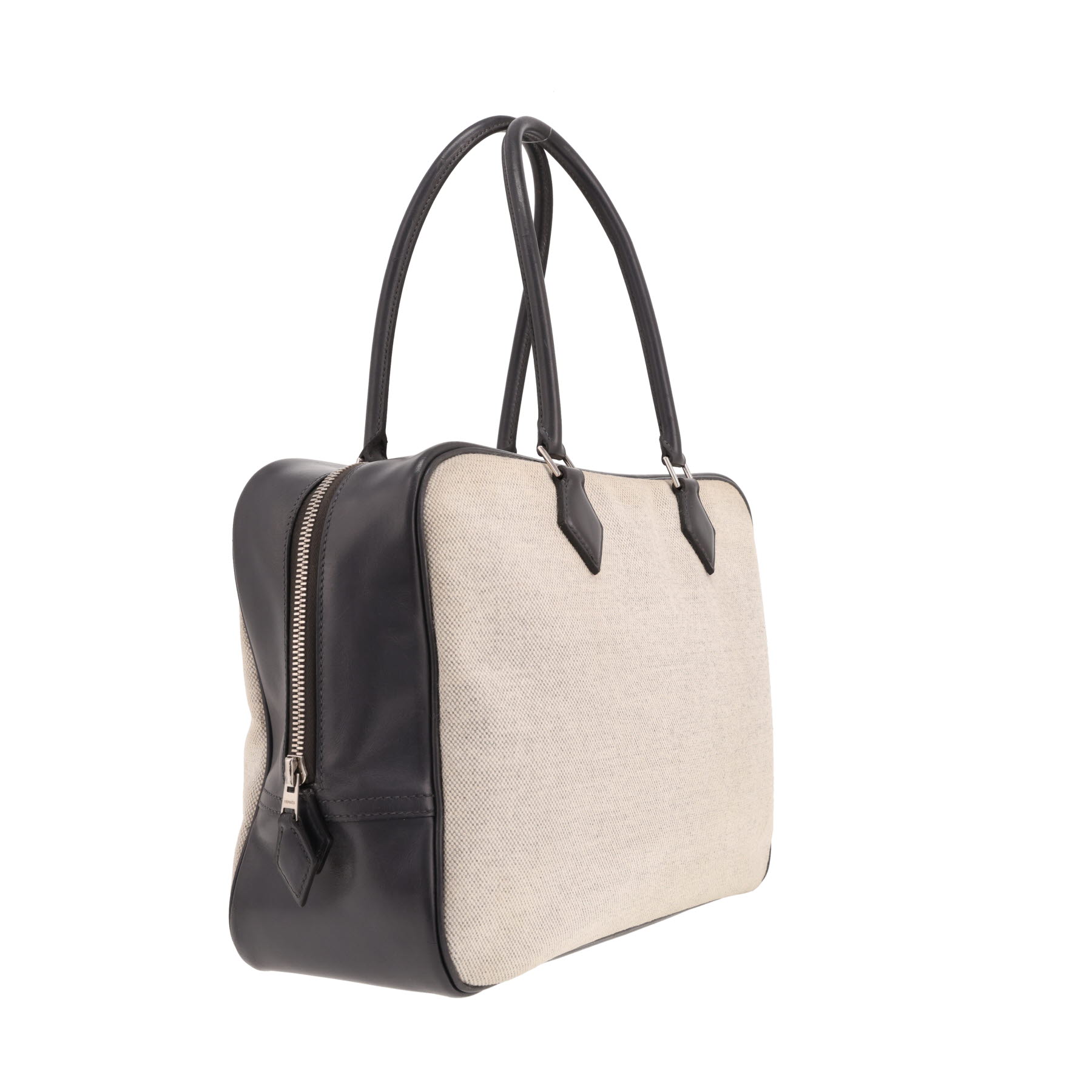 Sac à main Hermès  Plume en toile beige et cuir bleu-marine
