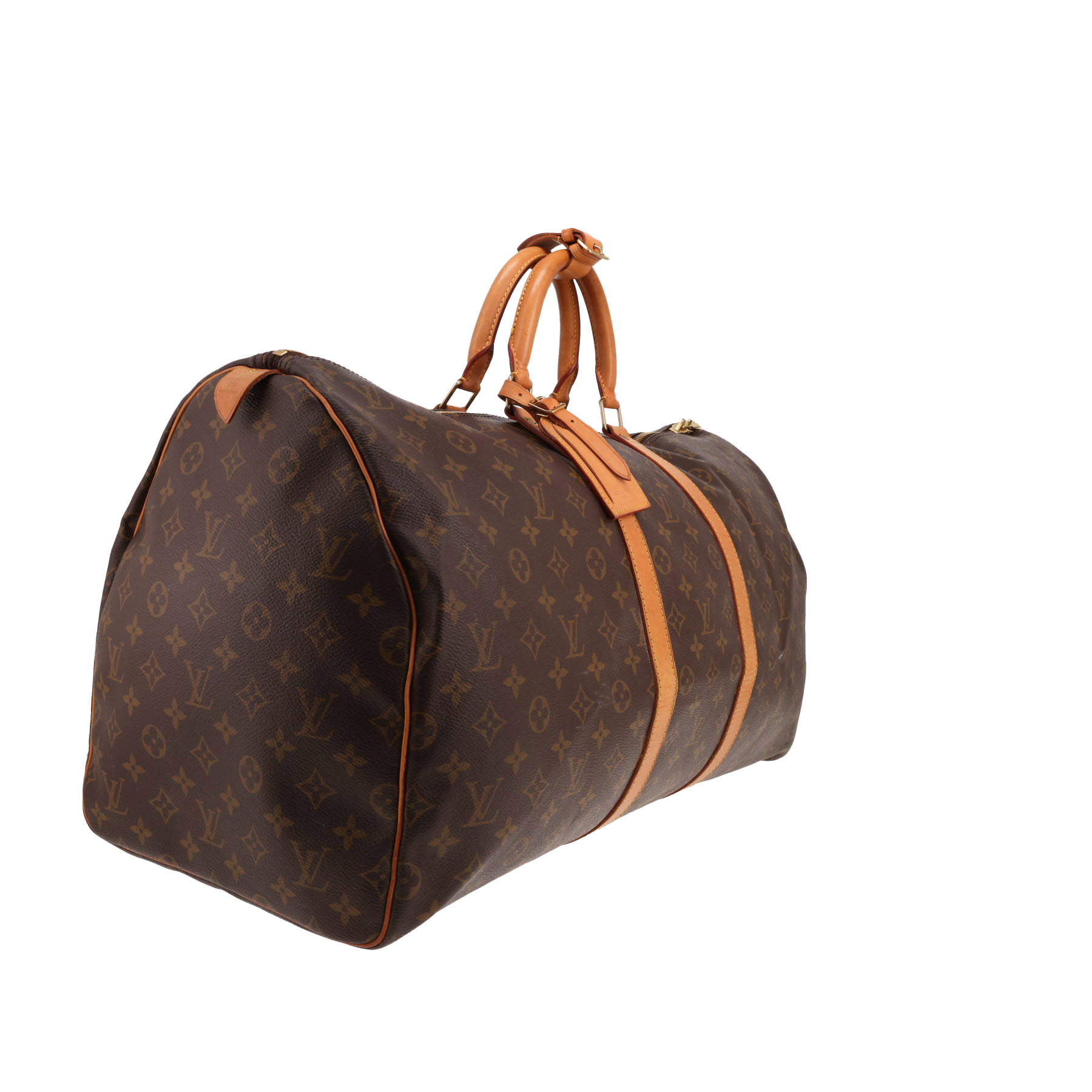 Borsa da viaggio Louis Vuitton Keepall 55 in tela Monogram marrone e pelle naturale