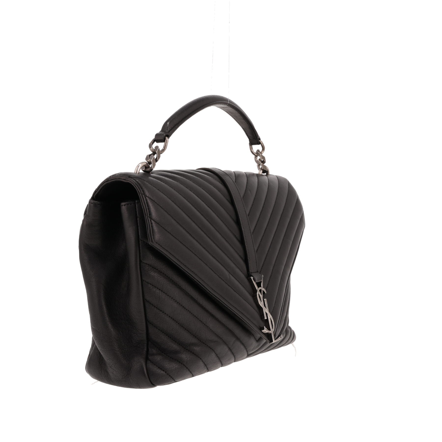Saint Laurent College handbag in black herringbone-quilted leather