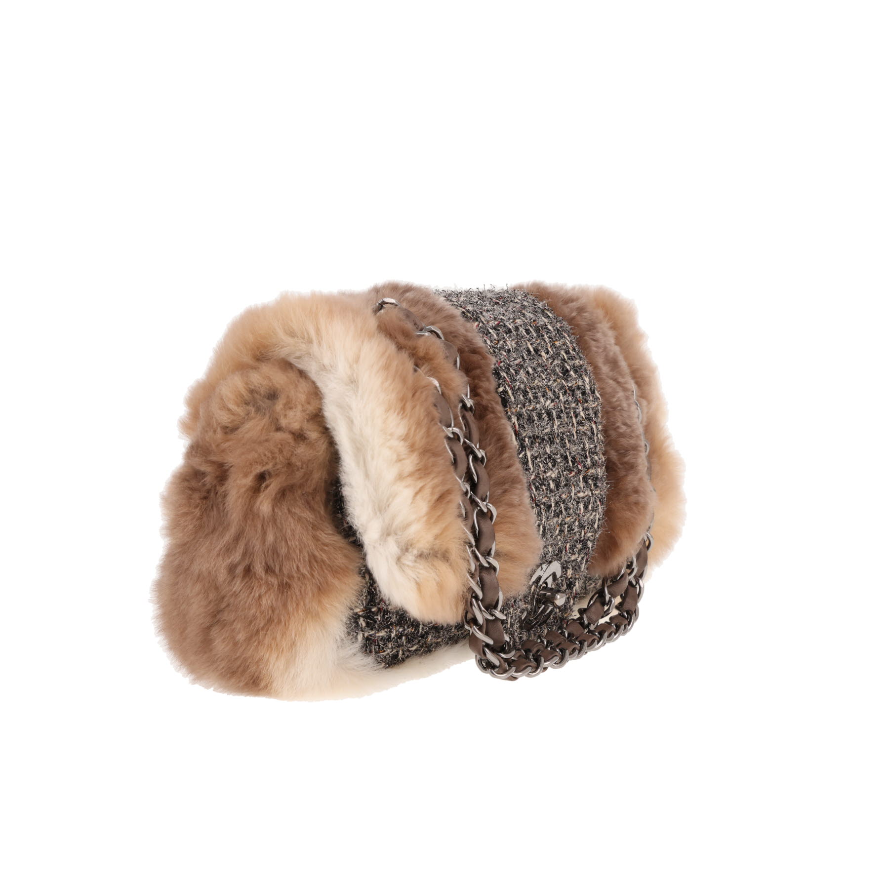 Chanel ‘Timeless Classic’ handbag in grey tweed and brown fur