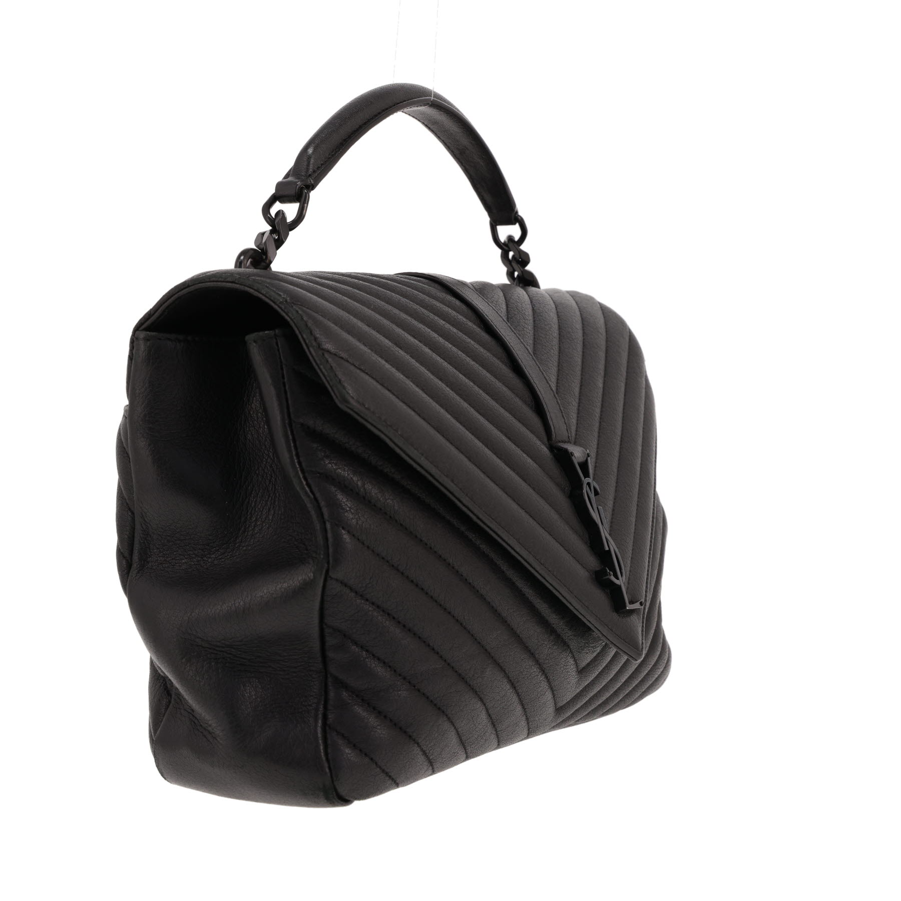 Saint Laurent College handbag in black herringbone-quilted leather
