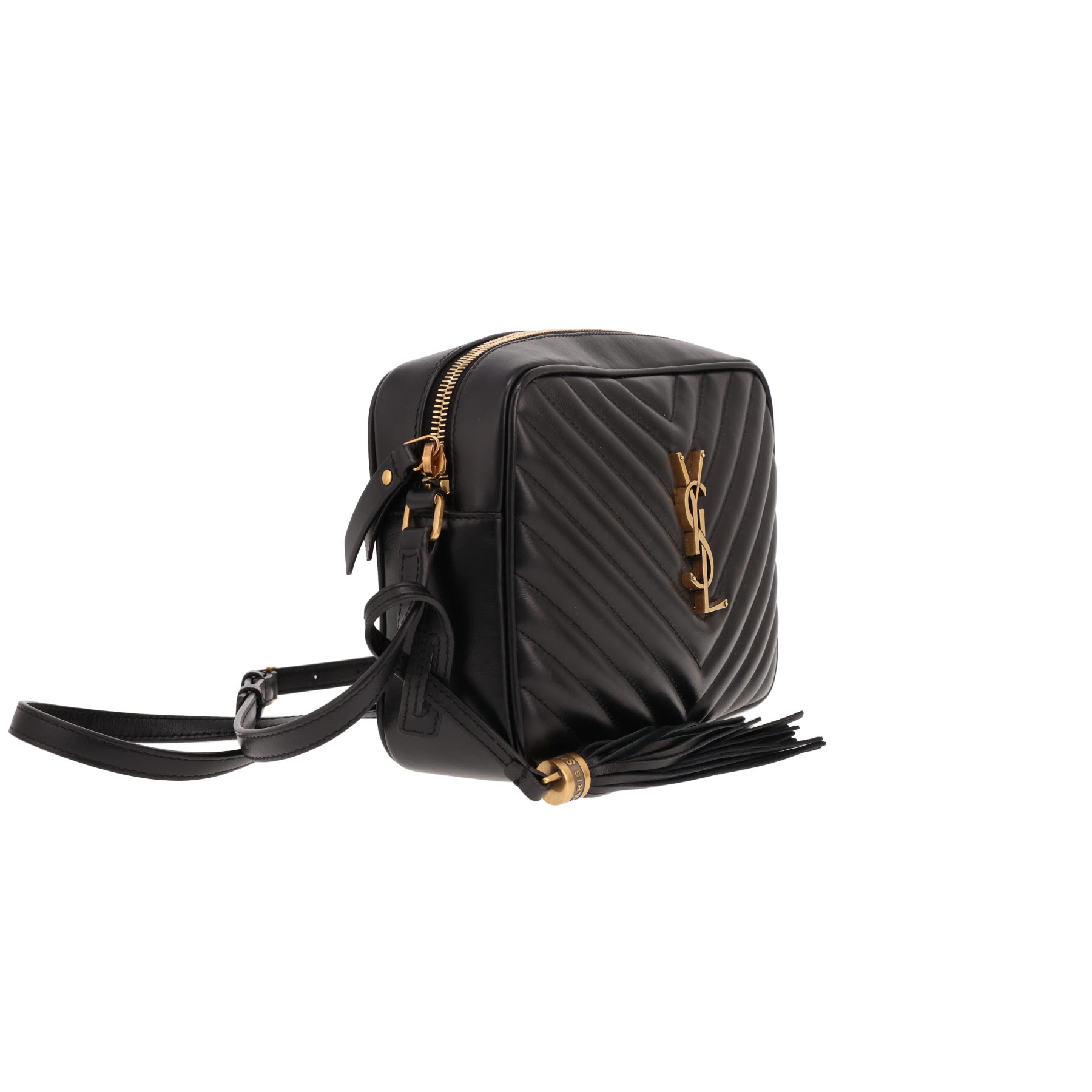 Saint Laurent Lou Camera Shoulder Bag in Noir herringbone-quilted leather