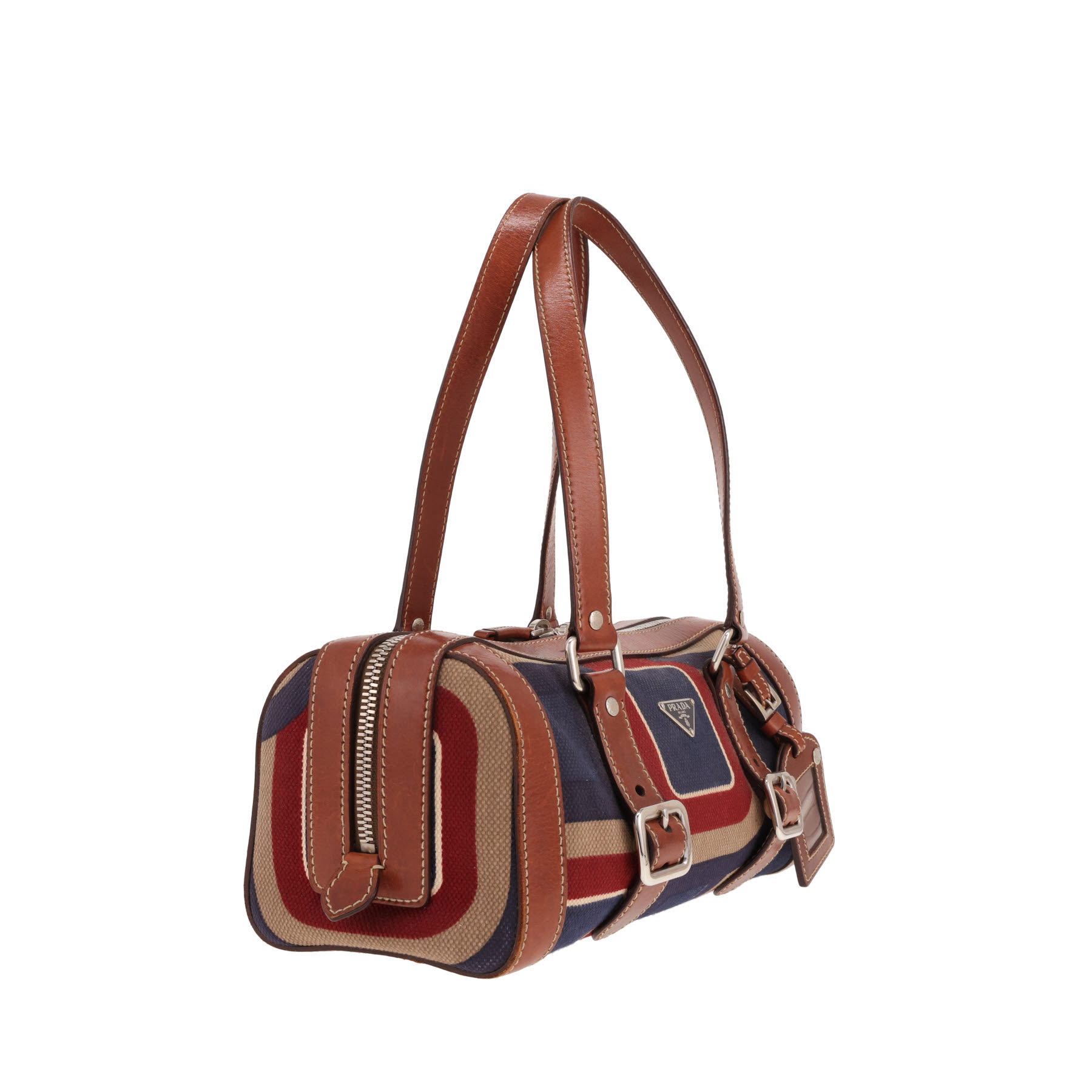 Borsa Prada   in tela blu, rossa e beige e pelle marrone