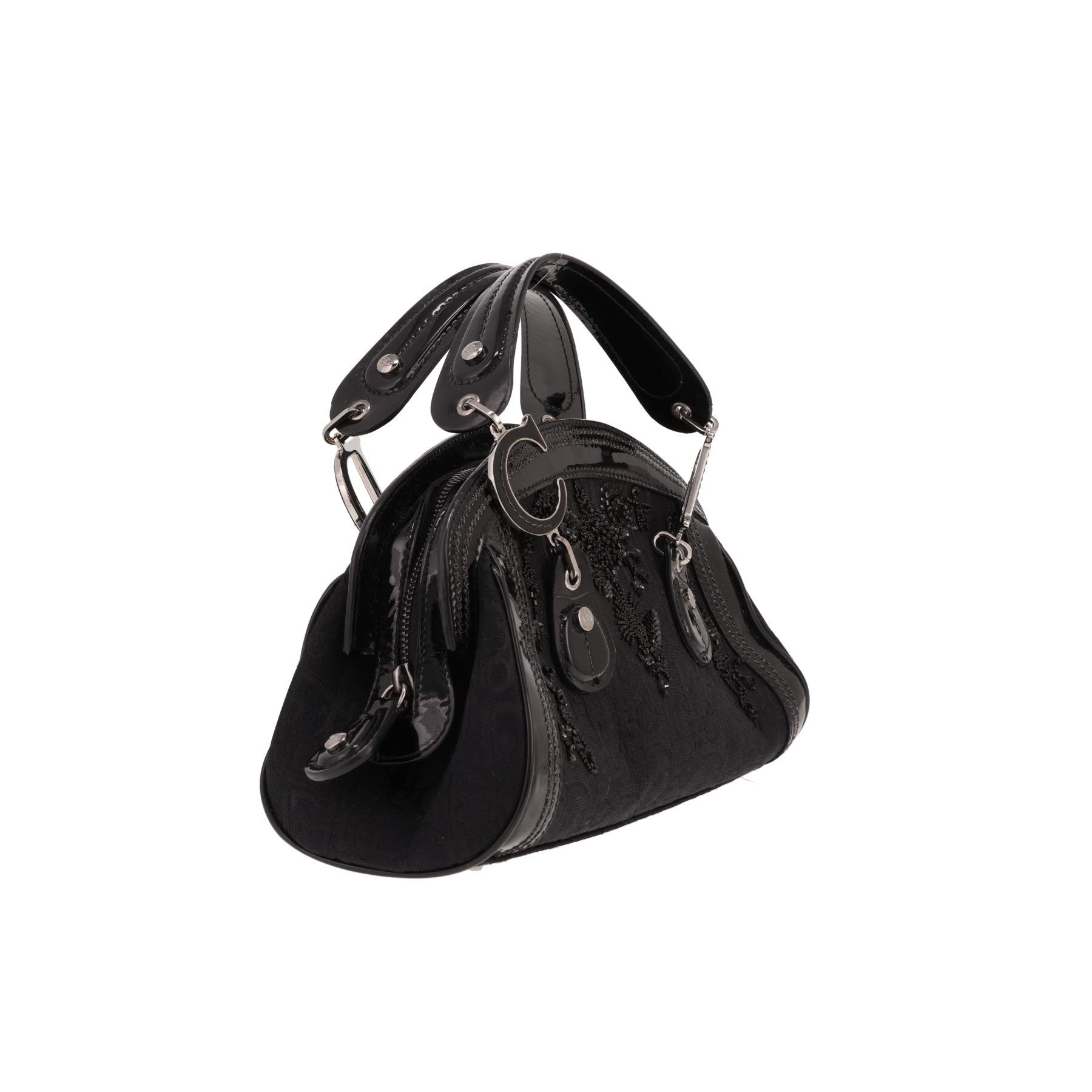 Borsa Dior vintage in tela nera con logo e pelle verniciata nera