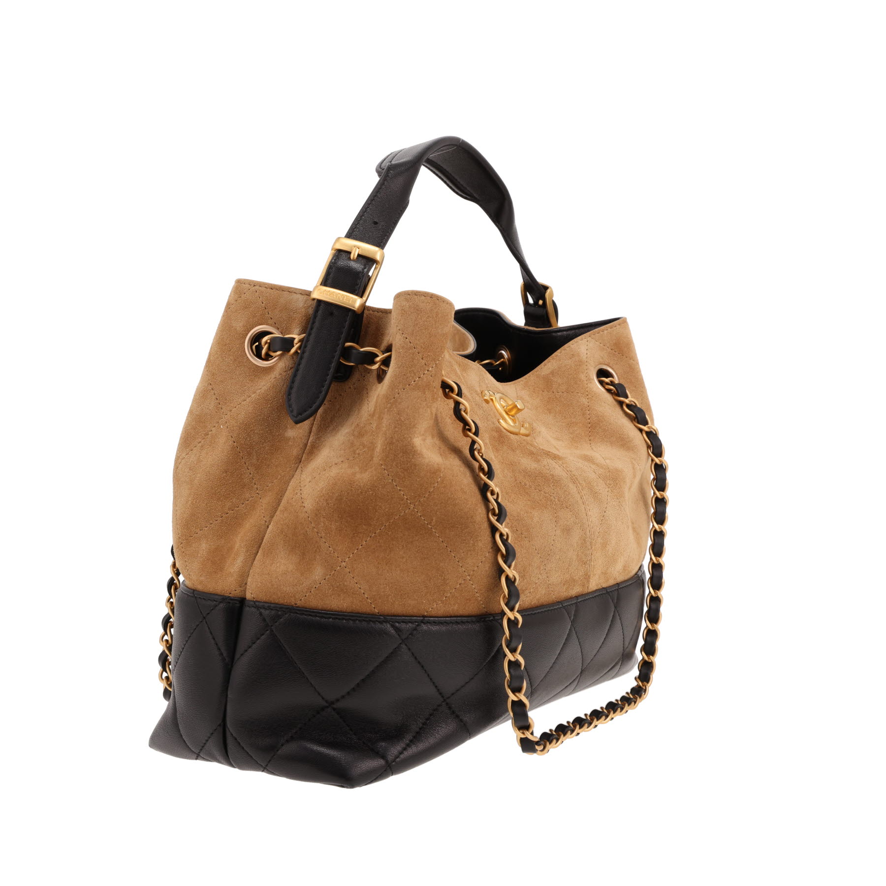 Chanel handbag in brown suede calfskin and black quilted leather