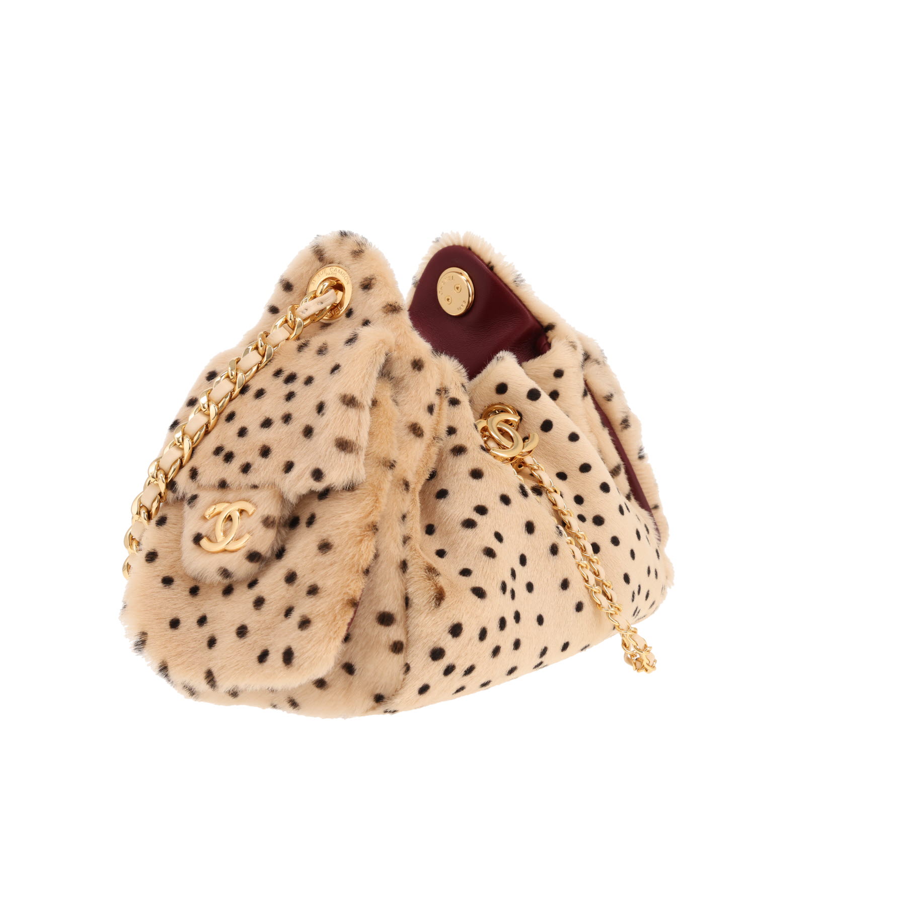 Chanel 25 mini handbag in beige and Noir faux fur and Bordeaux leather