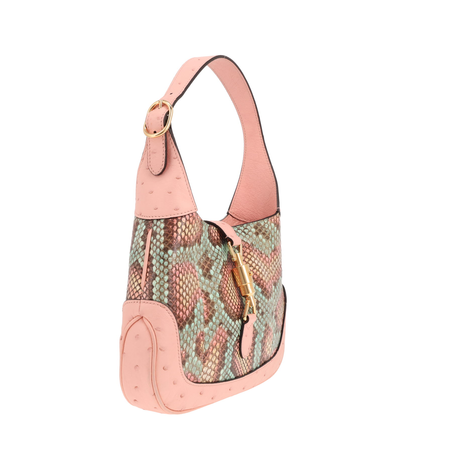Borsa Gucci Jackie in pelle di pitone blu e rosa e pelle di struzzo rosa