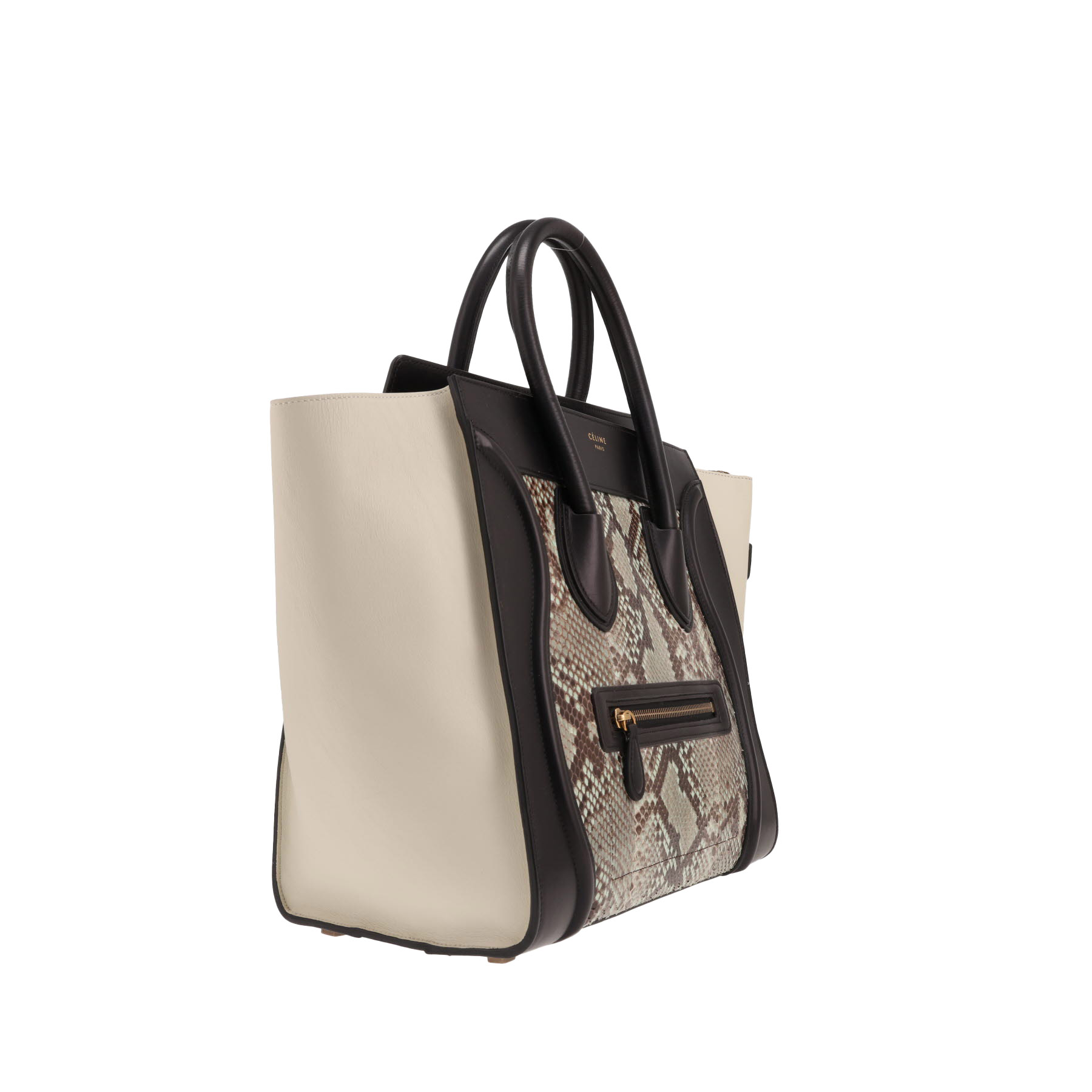 Bolso Celine «Luggage» de piel negra y beige y piel de pitón