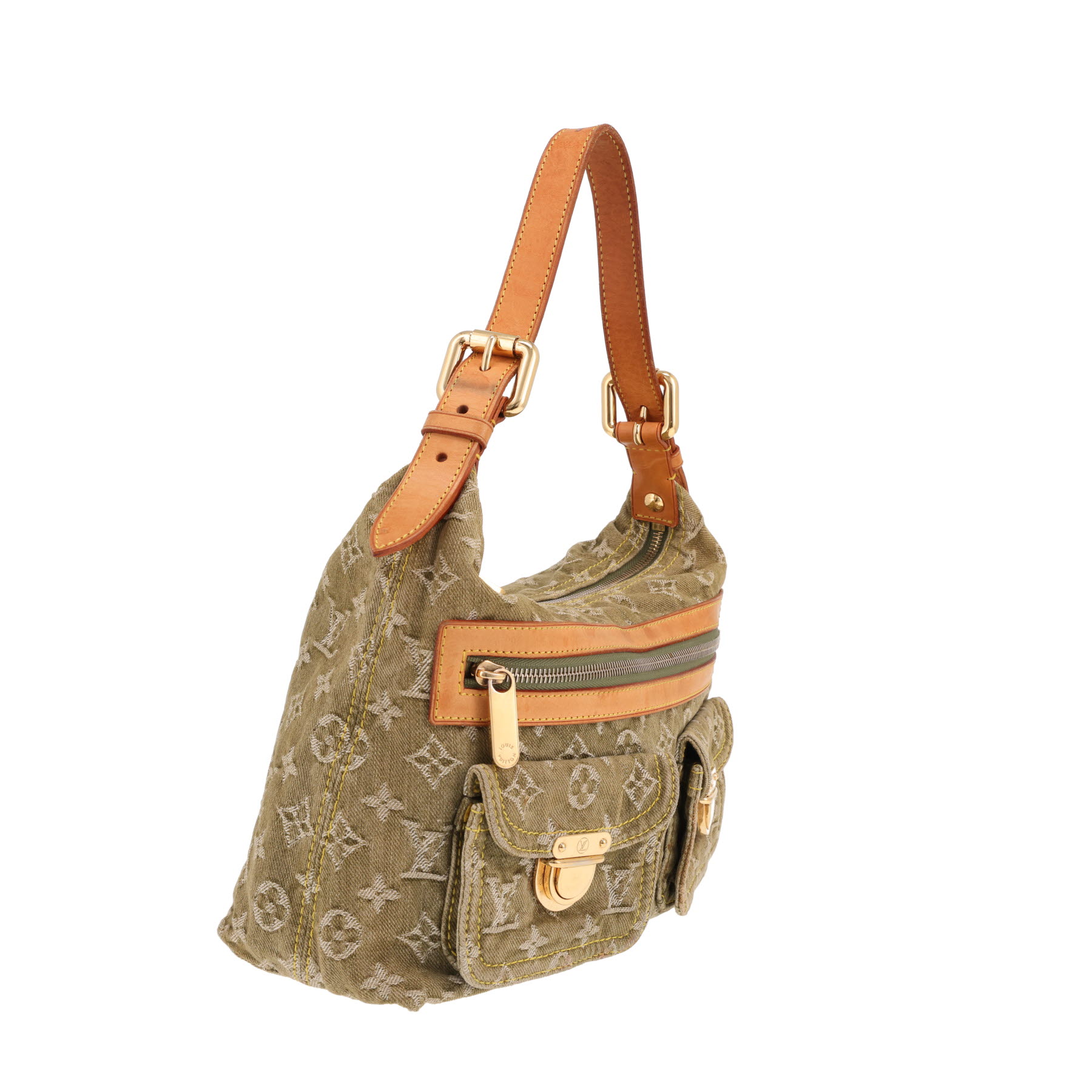 Bolso de mano Louis Vuitton «Baggy» de lona vaquera con el monograma en verde y cuero natural