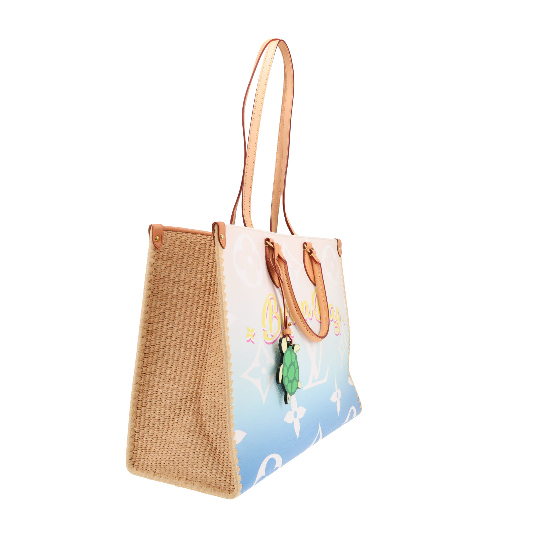 Sac cabas Louis Vuitton  Onthego grand modèle  en toile monogram deux tons bleue et blanche et raffia