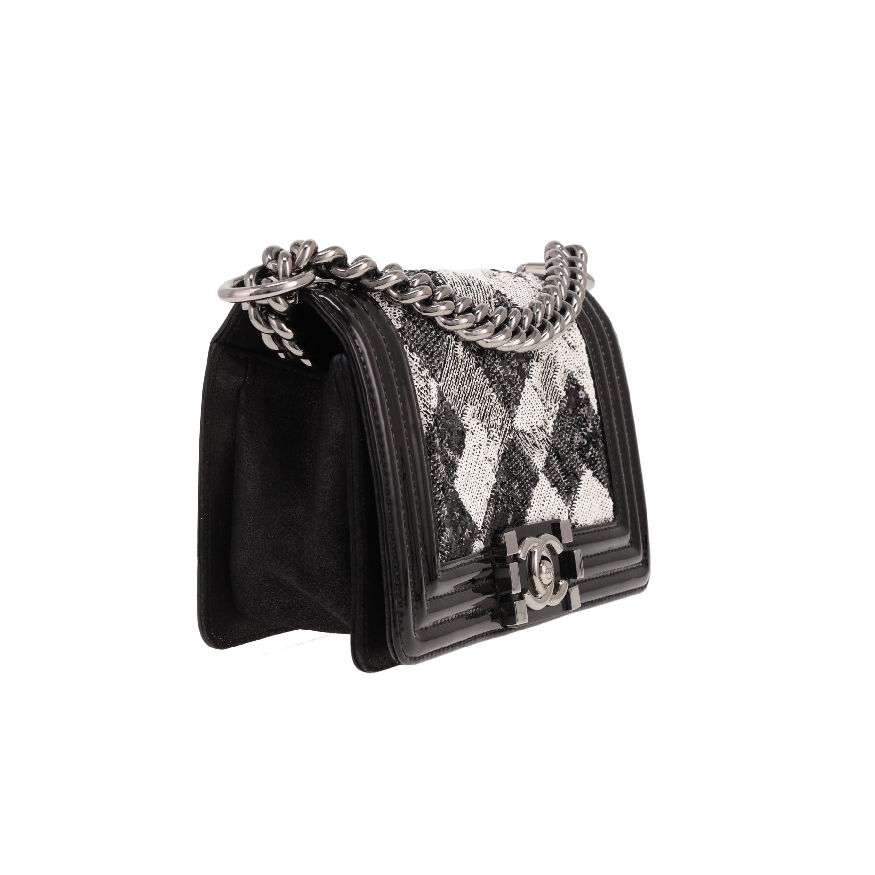 Sac bandoulière Chanel  Boy petit  en sequin noir et argenté et cuir noir