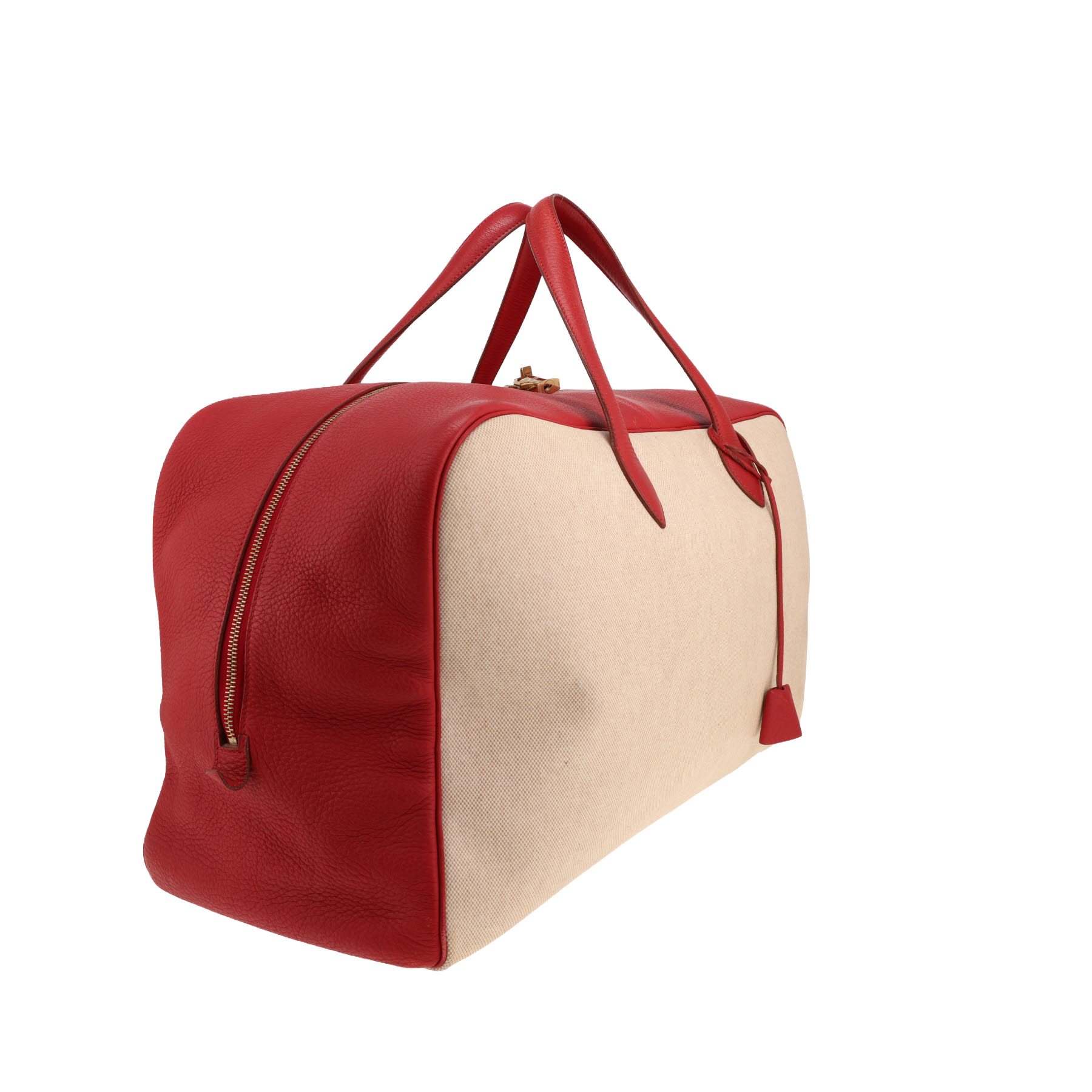 Hermès Victoria Travel Bag – Travel bag in beige canvas and red leather