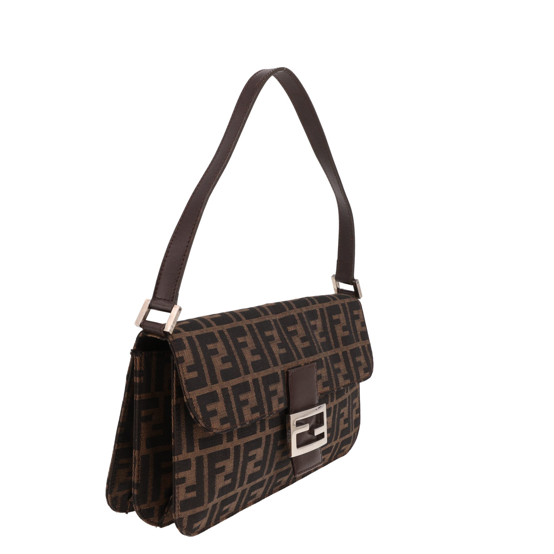 Bolso Fendi «Baguette» de lona marrón con el logotipo y piel marrón