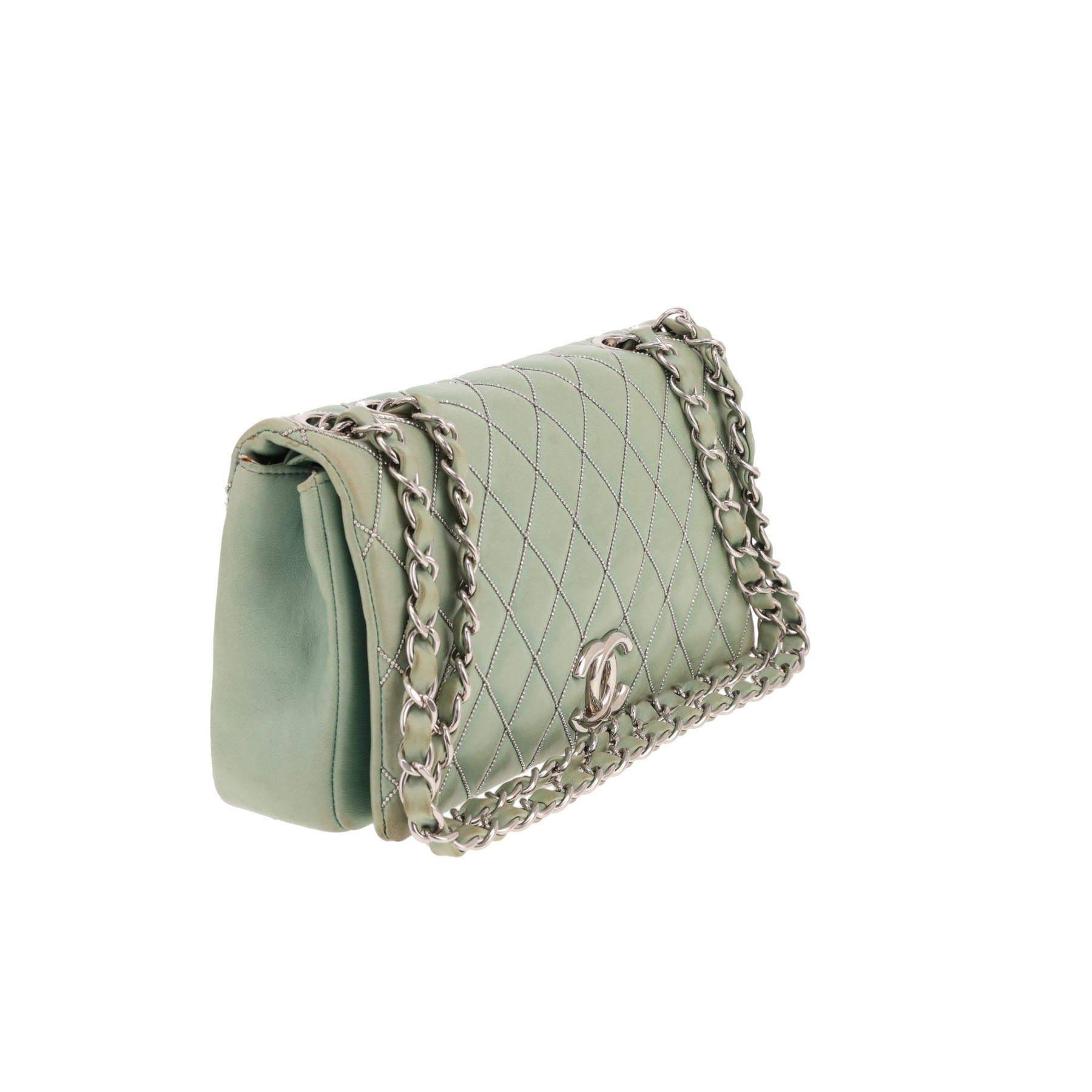 Sac à main Chanel  Sac à rabat en cuir matelassé vert et strass
